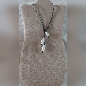 Handmade White Pearl And Black Leather 3-Way Necklace